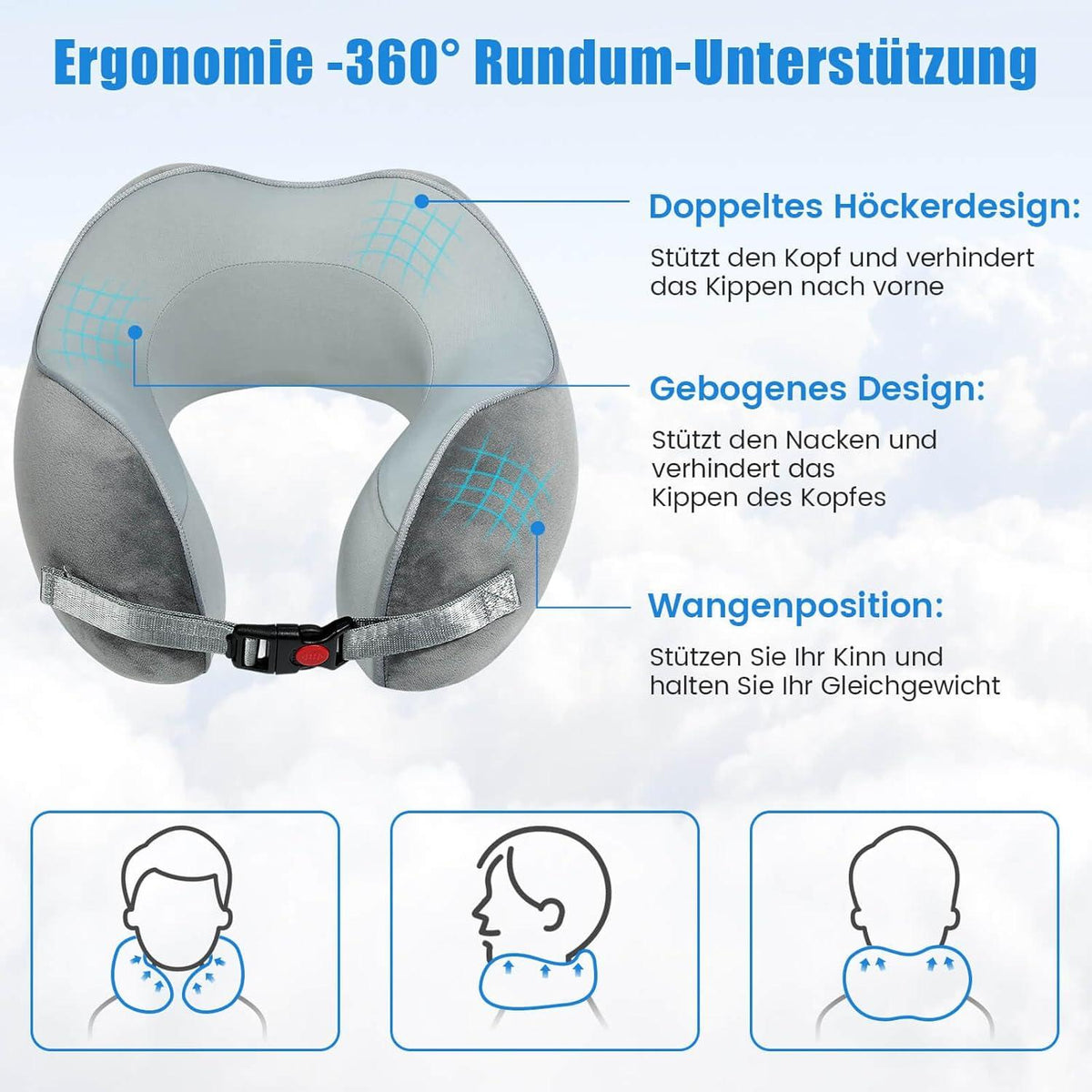 Nackenkissen Memory Foam Grau - Reisekissen Auto Waschbar
