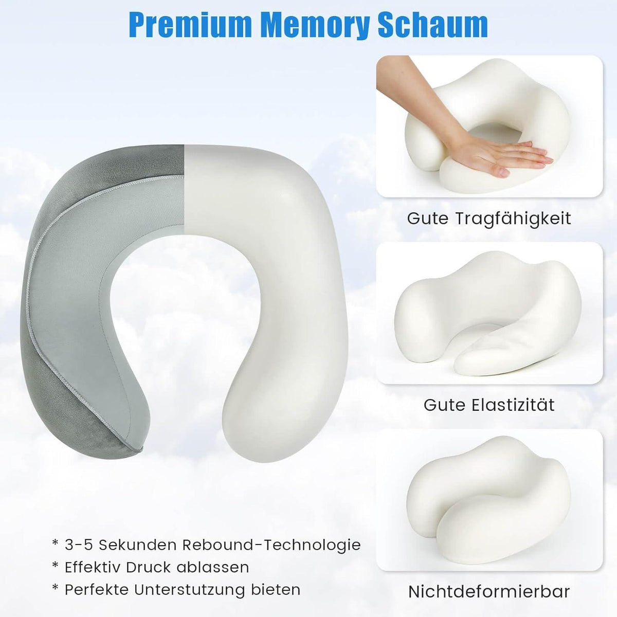 Tavaler Nackenkissen Flugzeug Memory Foam Grau - Reisekissen Auto Waschbar