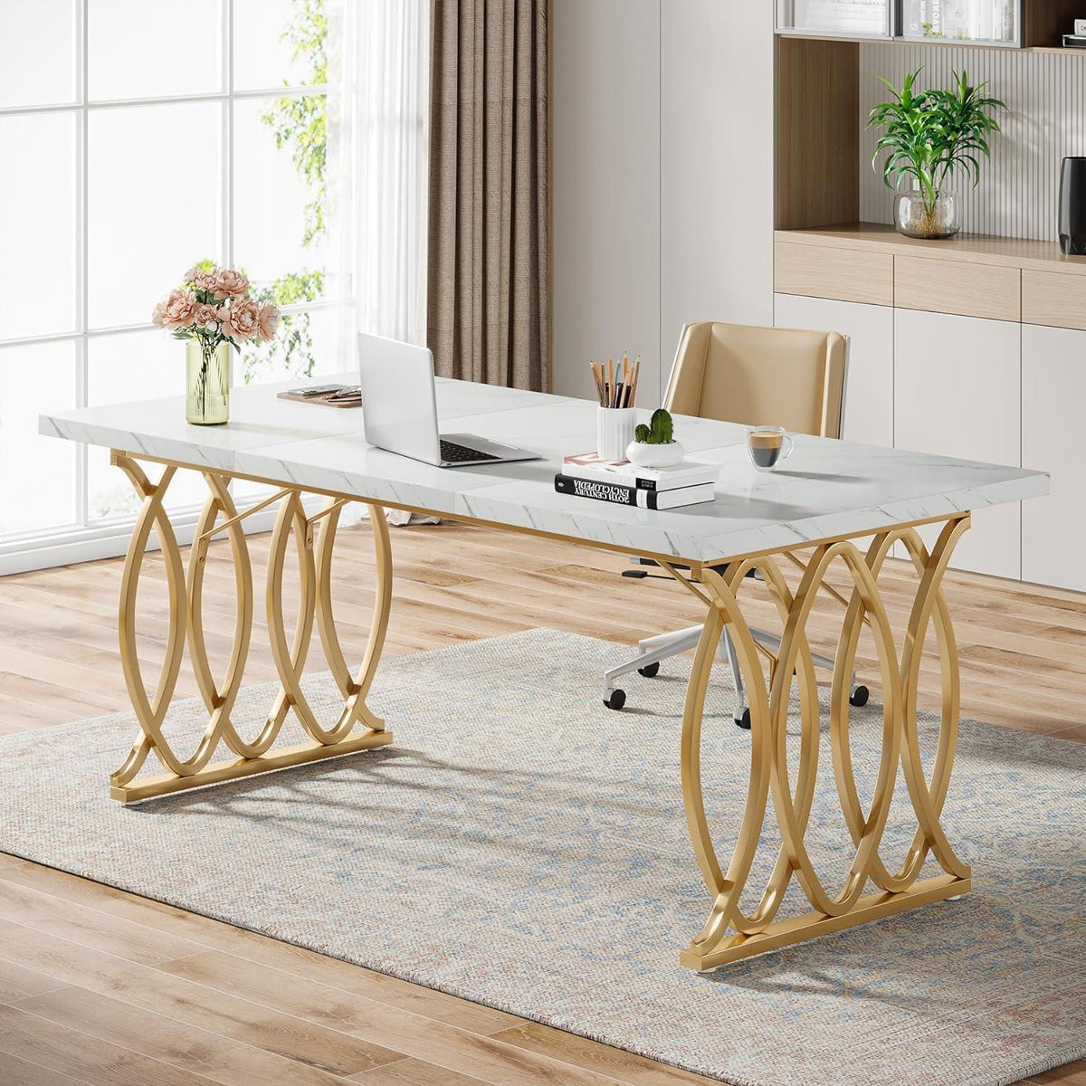Moderner Schreibtisch Weiß & Gold | 160x80cm | Bürotisch & Esstisch