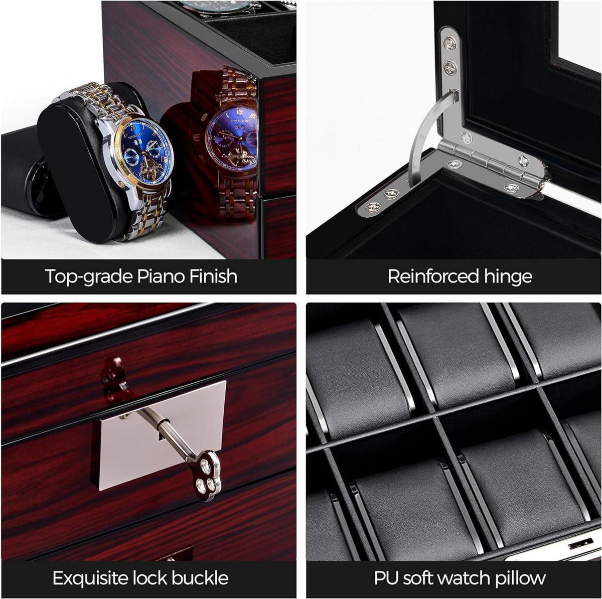 Uhrenbox Herren Watch Box Uhrengehäuse 12 Slots Glasdeckel