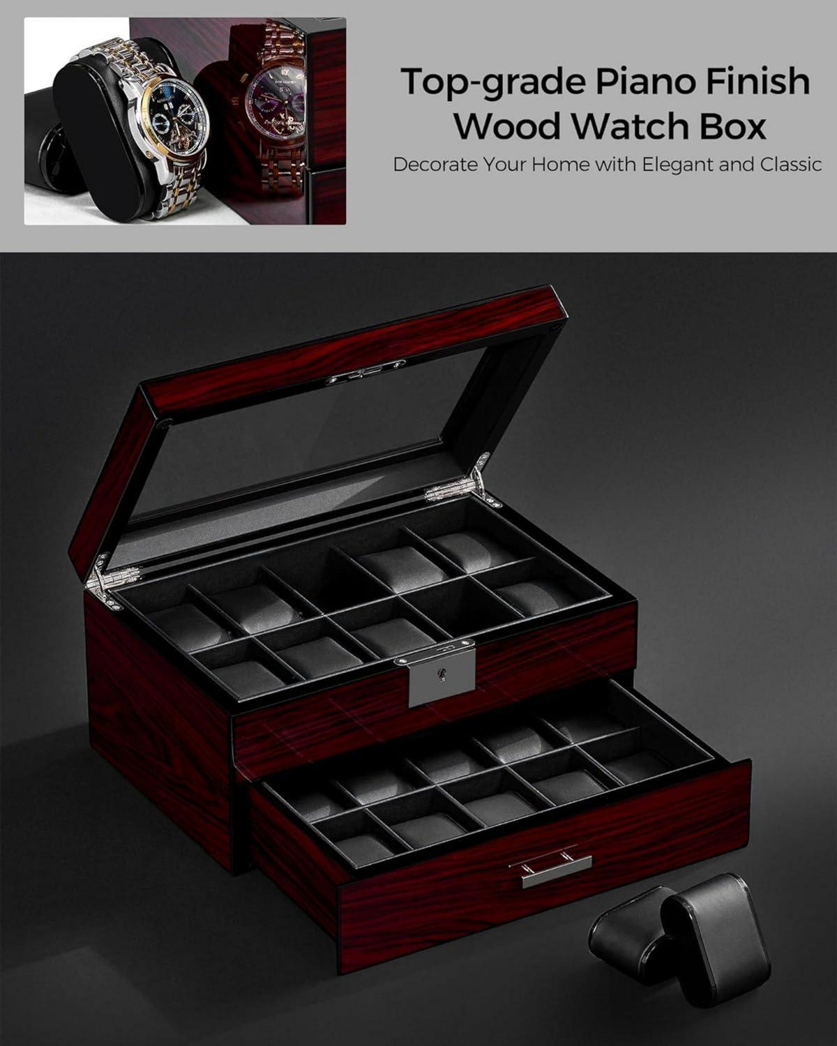 Uhrenbox für Männer mit 20 Slots und Glasdeckel - Luxuriöser Uhrenhalter