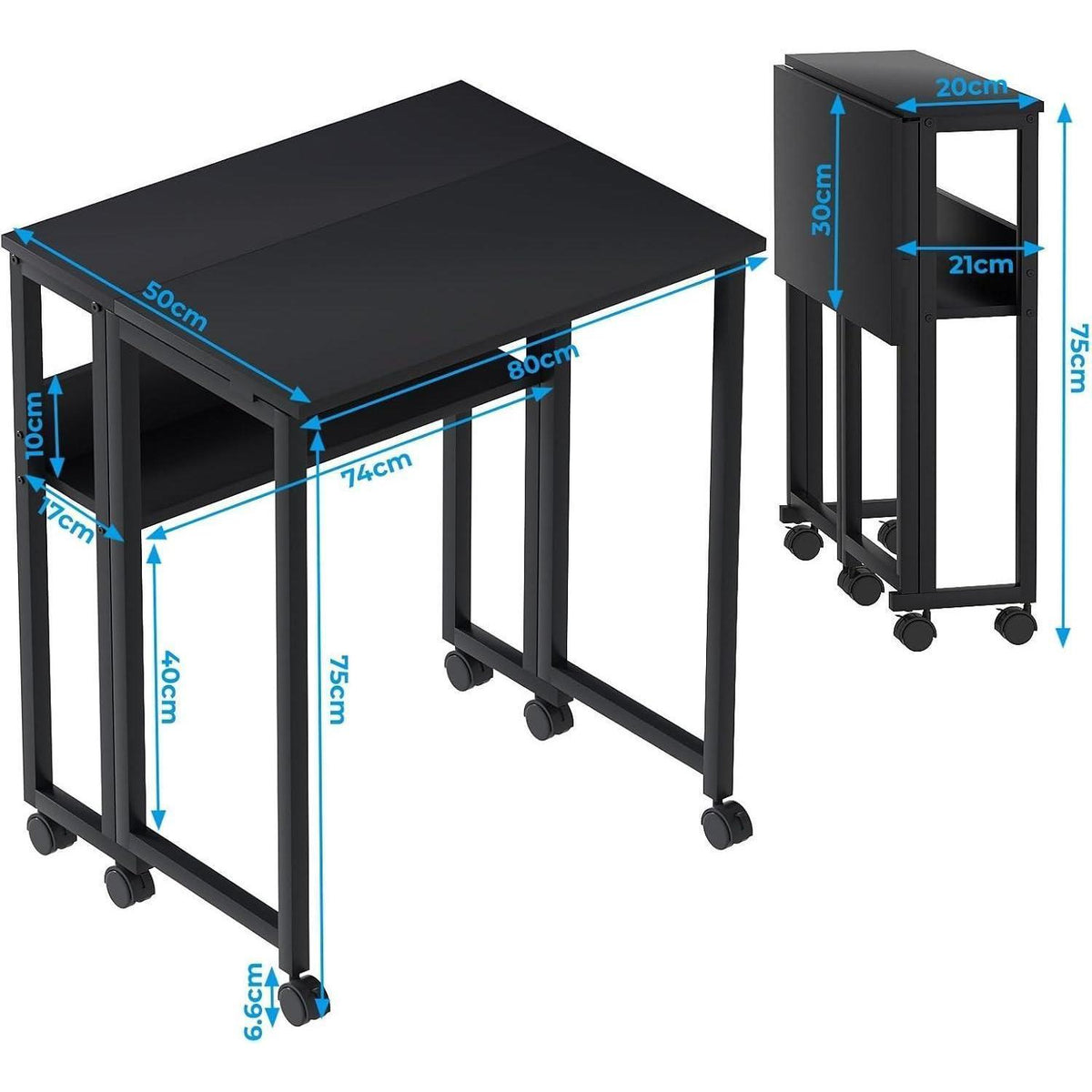 Klapptisch 80cm mit Rollen & Stauraum, Schwarz