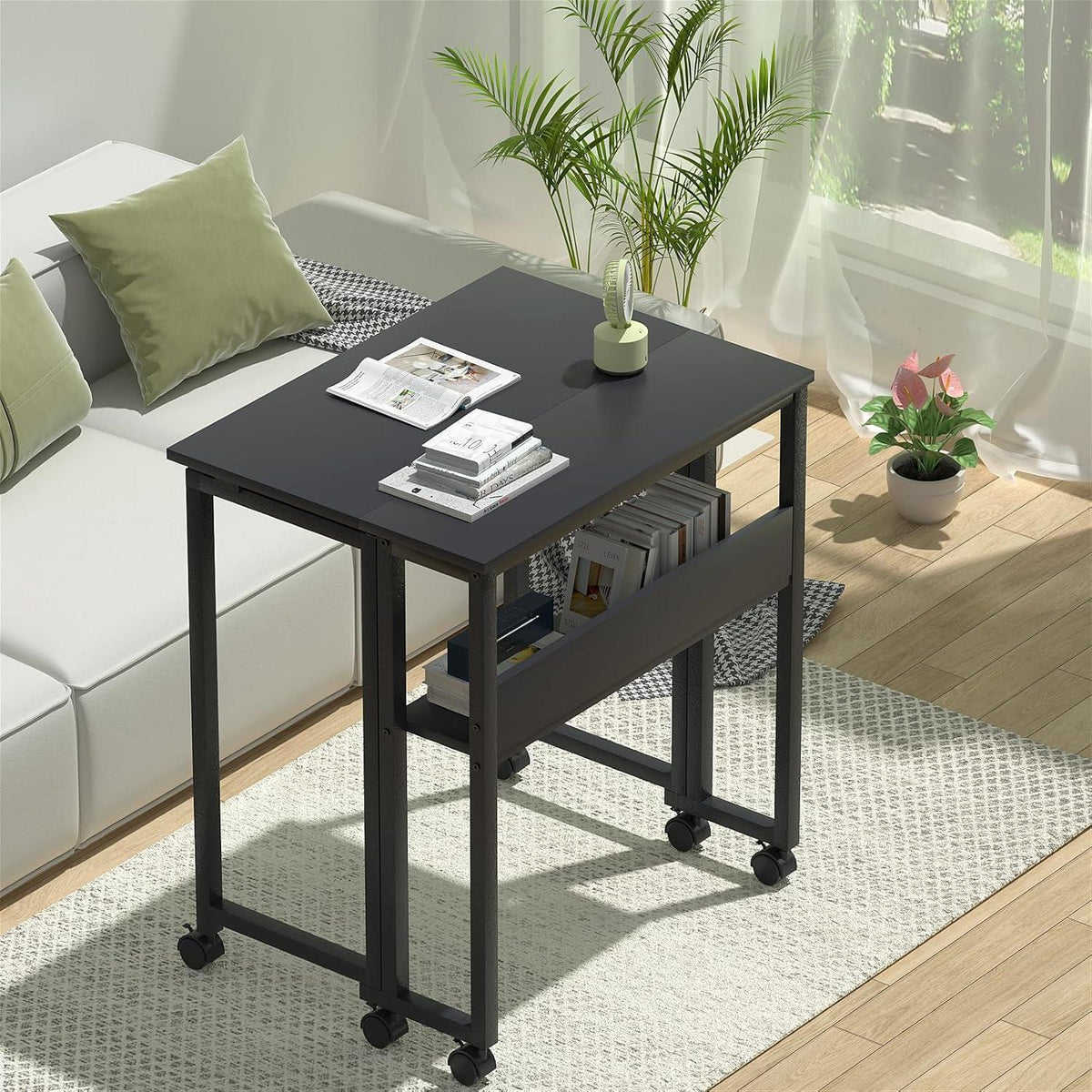 Klapptisch 80cm mit Rollen & Stauraum, Schwarz