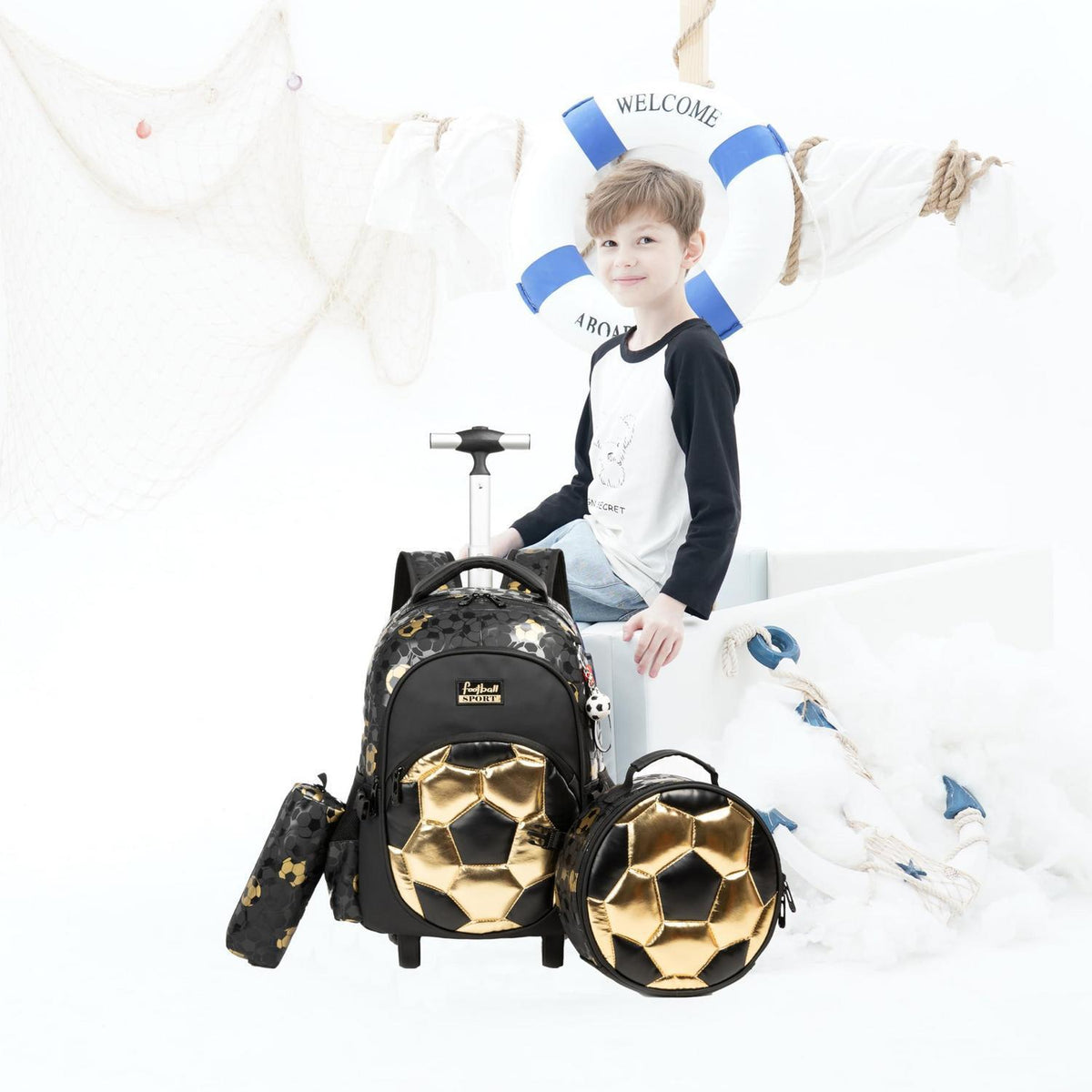 Schultrolley Rucksack mit Rollen – Kinderrucksack Schwarz Fußball