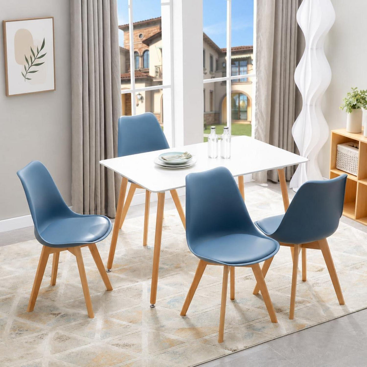 Esszimmerstühle Set 8 Buche Holz, Skandinavisch Morandi Dunkelblau