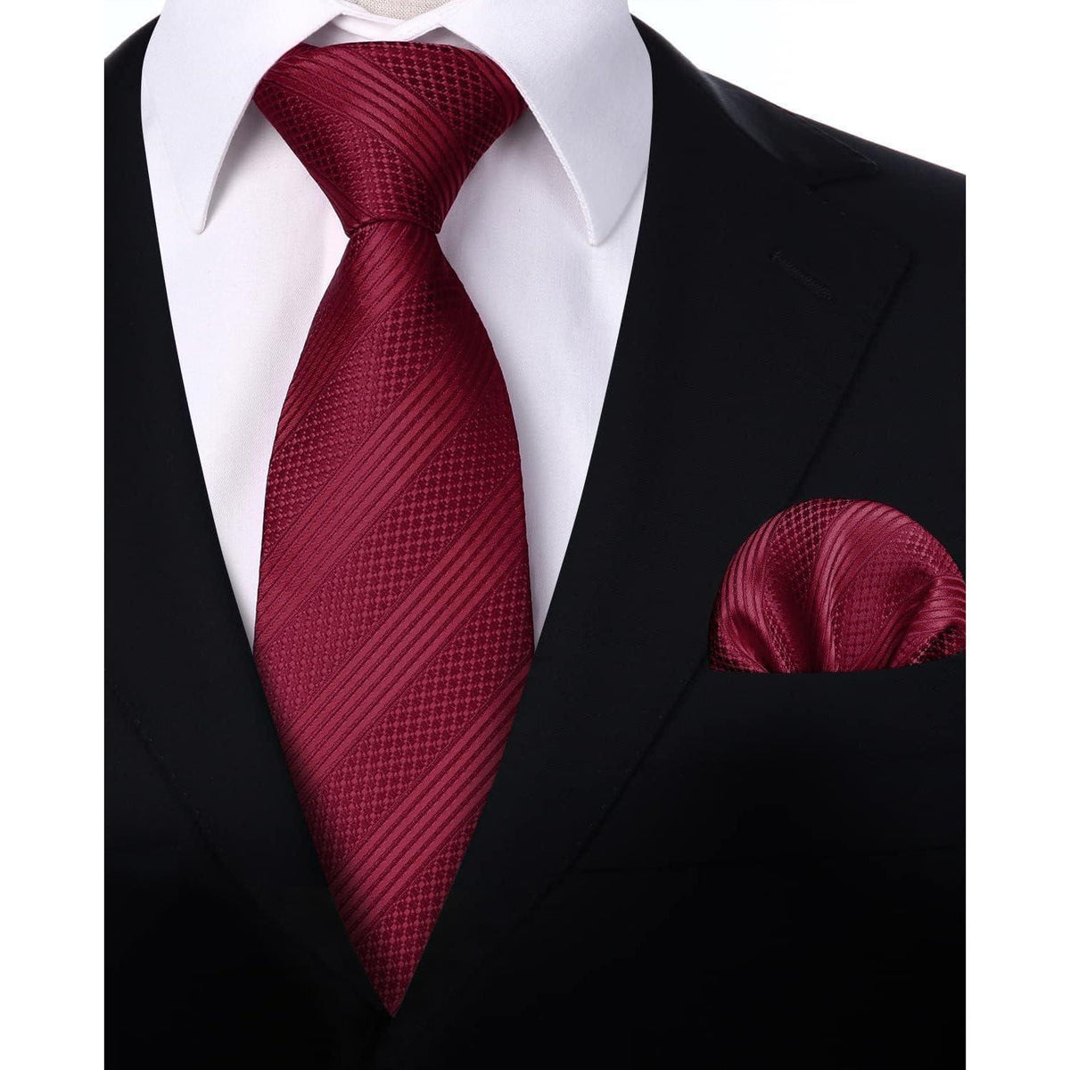 Krawatten-Set Herren mit Einstecktuch, Weinrot Streifen