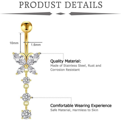 3er Set Bauchnabelpiercing 10mm Chirurgenstahl Herz Schmetterling B-Gold