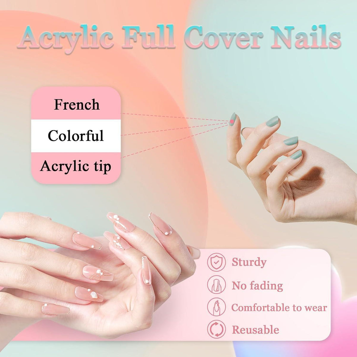 24 Mandel Falsch Nägel Dunkelrot Französisch Glänzend Press On Nails