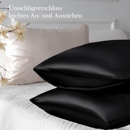 Satin Kissenbezug 2er-Set Schwarz 40x60cm mit Haargummis