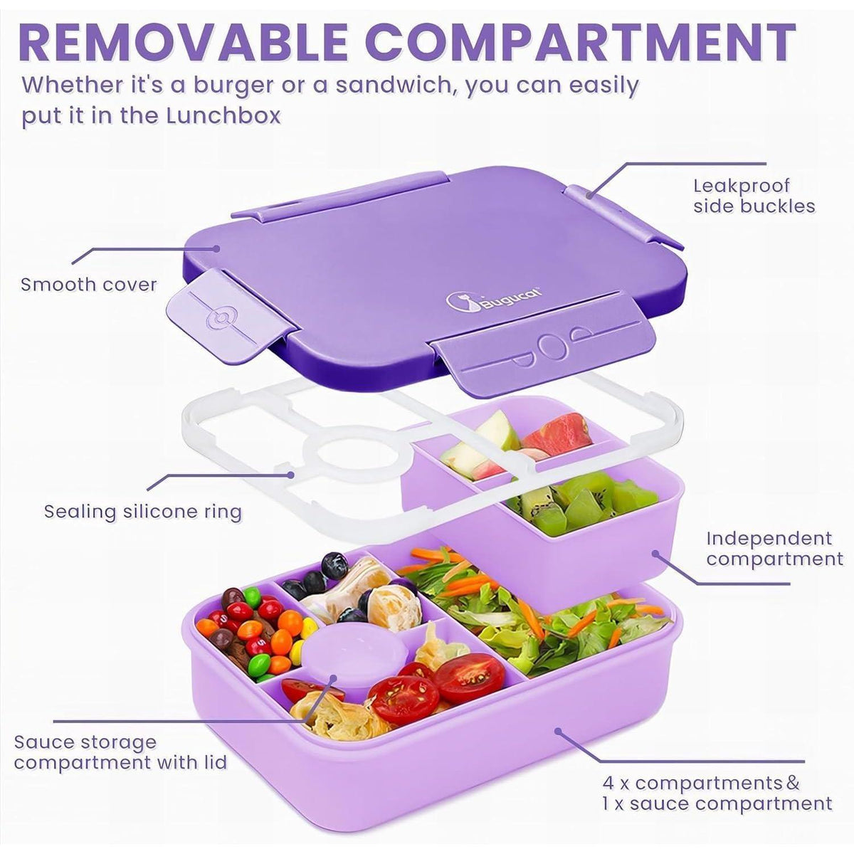 Bento Box Kinder 1300ML Auslaufsicher mit 5 Fächern Lila