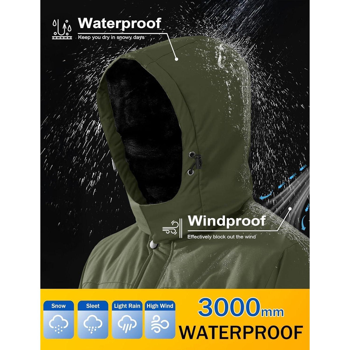 Herren Skijacke Wasserdicht & Warm – Outdoor Winterjacke Armeegrün