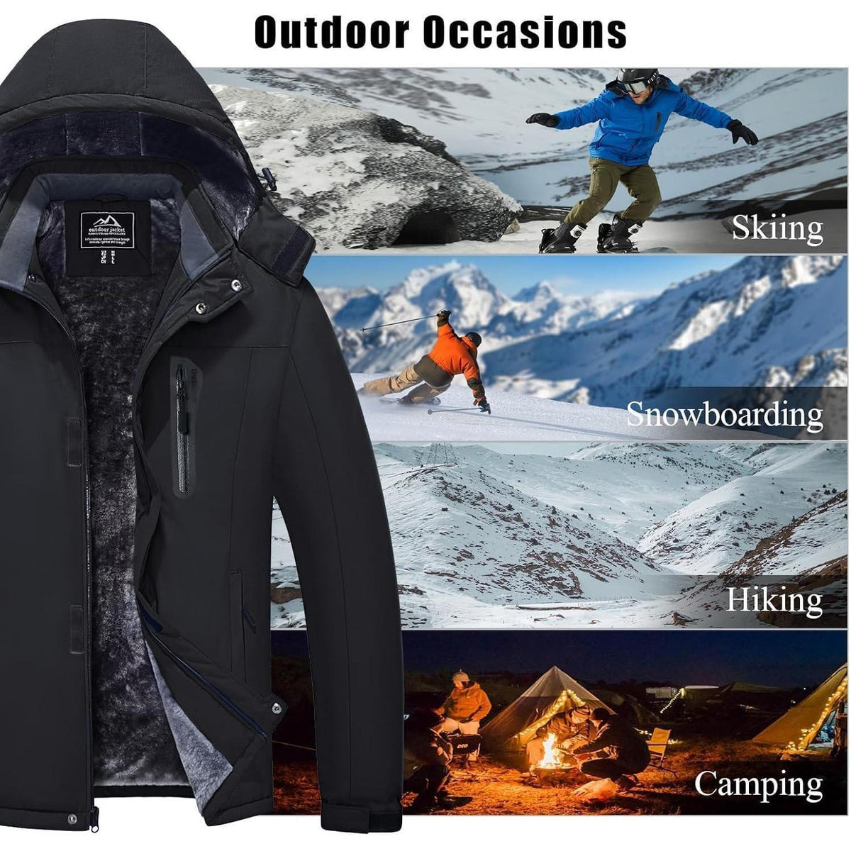 Herren Skijacke Wasserdicht & Warm – Abnehmbare Kapuze Schwarz