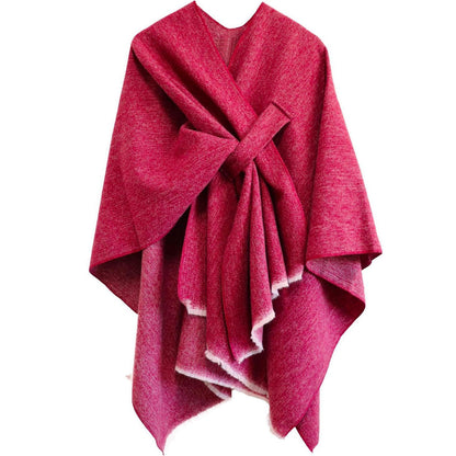 Damen Poncho Strick Reversibel Elegant Warm Rot