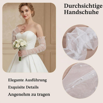 Netzhandschuhe Damen Fingerlos mit Perlen, Ellenbogenlänge, Weiß