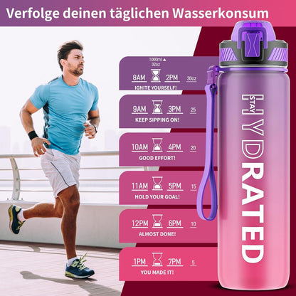 Trinkflasche 1L BPA-Frei mit Strohhalm Sport Wasserflasche
