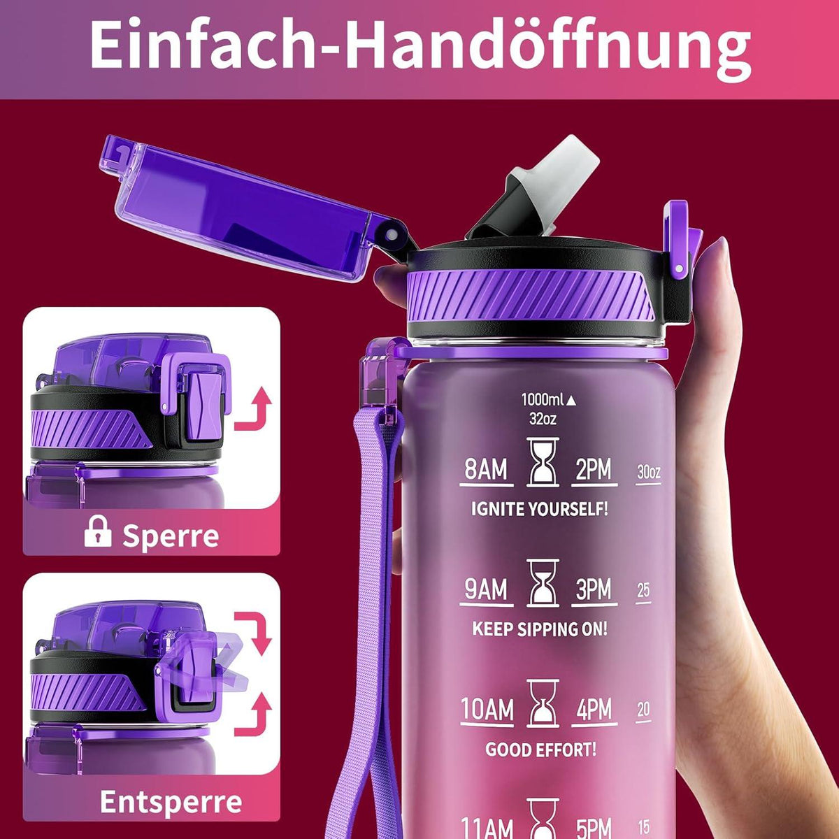 Trinkflasche 1L BPA-frei Tritan mit Strohhalm Zeitmarkierung