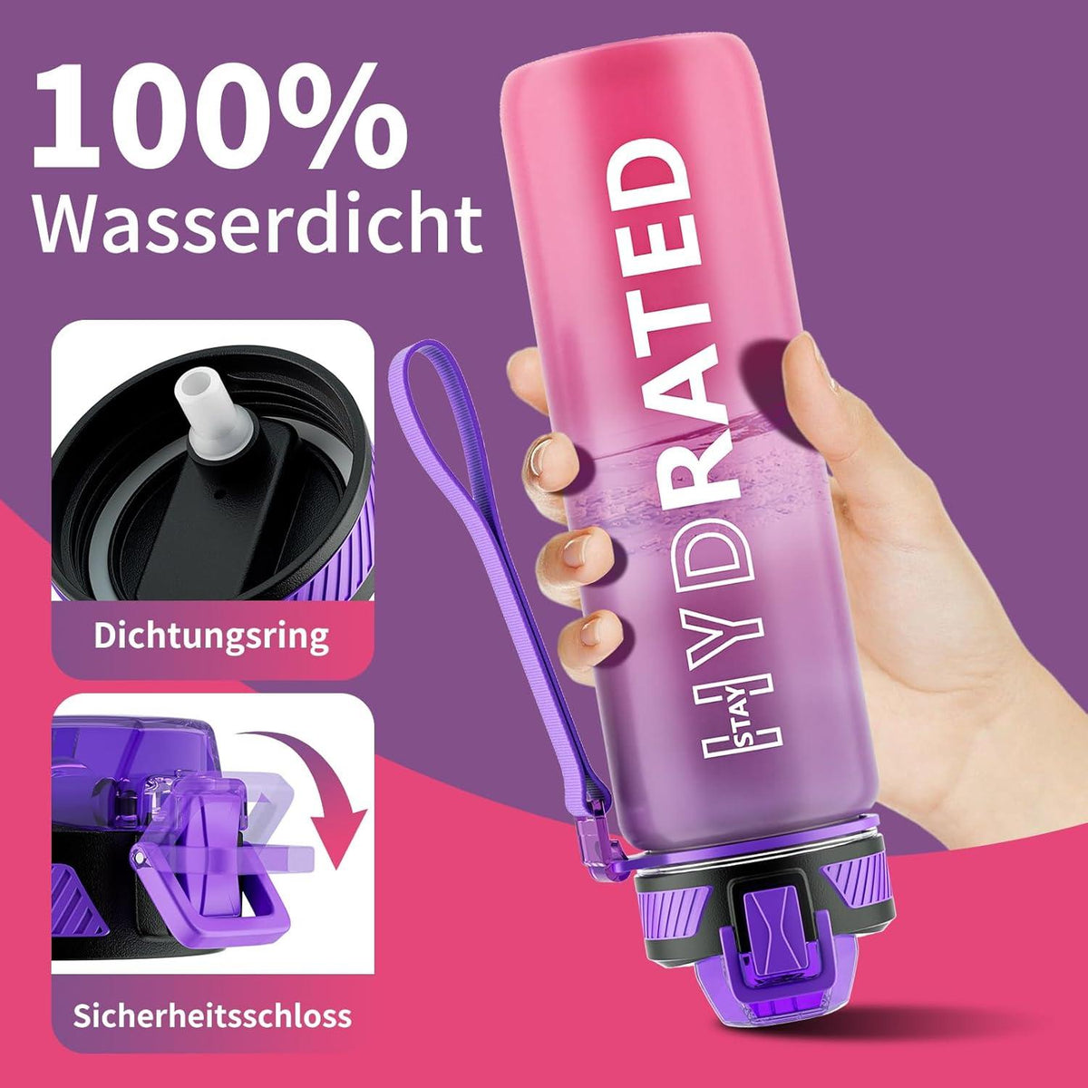Trinkflasche 1L BPA-frei mit Strohhalm Sport Auslaufsicher Zeitmarkierung, LilaRot