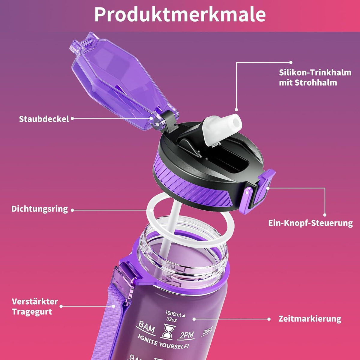 Sport Trinkflasche 1L BPA-Frei Tritan Auslaufsicher Strohhalm Zeitmarkierung