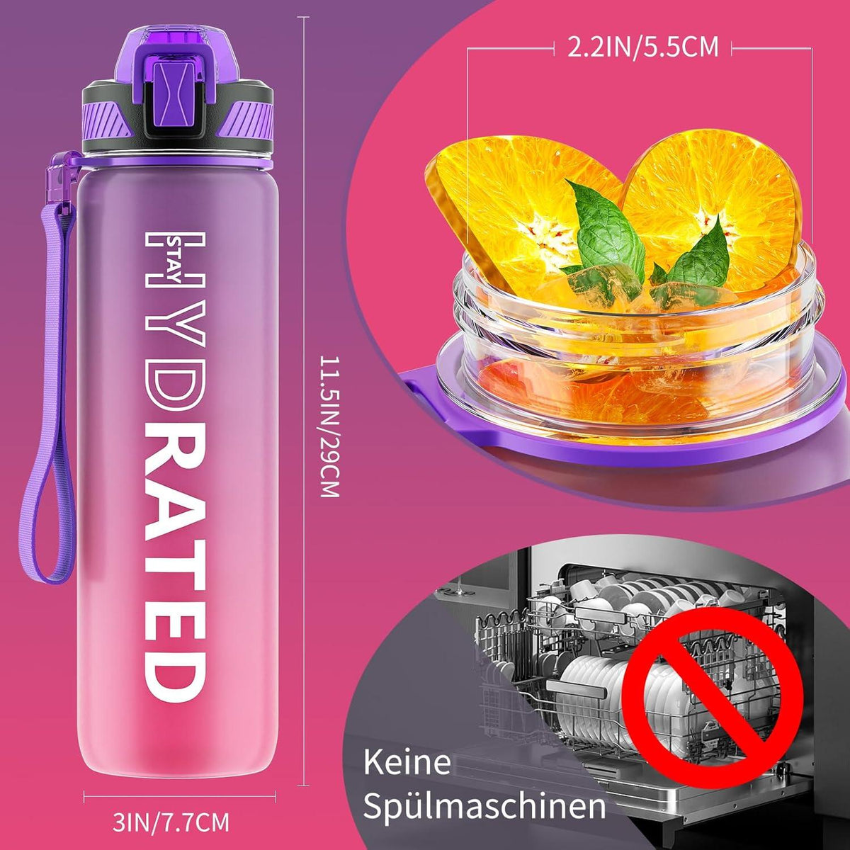 Trinkflasche 1L BPA-frei mit Strohhalm und Zeitmarkierung