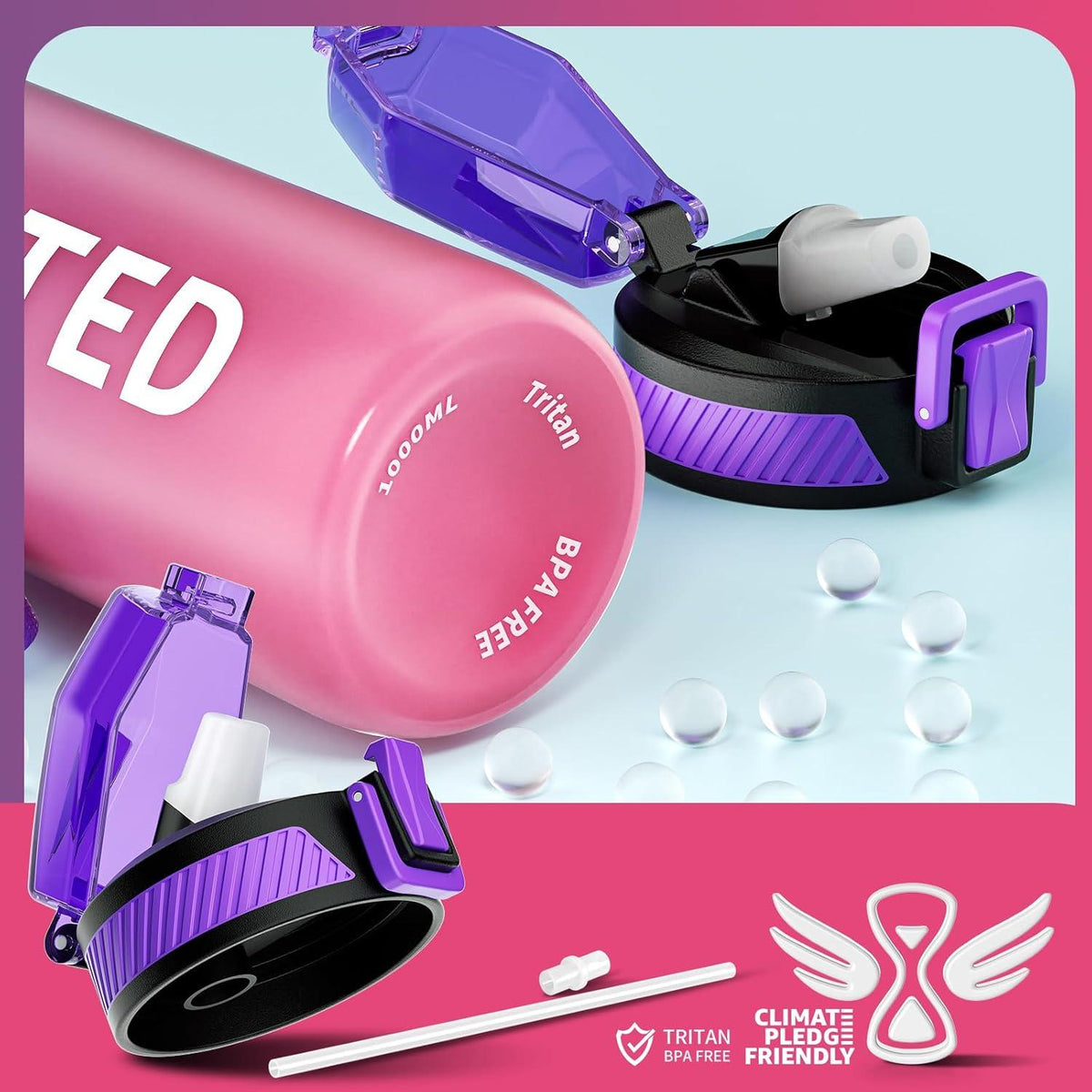 Trinkflasche 1L BPA-frei mit Strohhalm Sport Auslaufsicher Zeitmarkierung, LilaRot