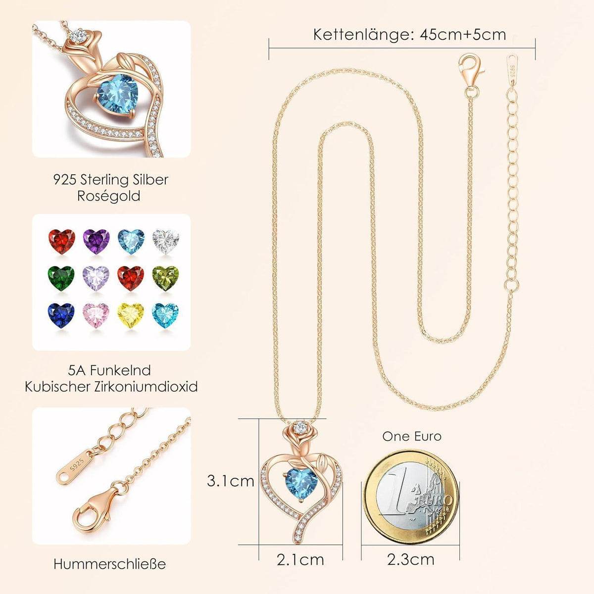 Halskette Damen Rosegold Herz mit Geburtsstein Sterling Silber 925