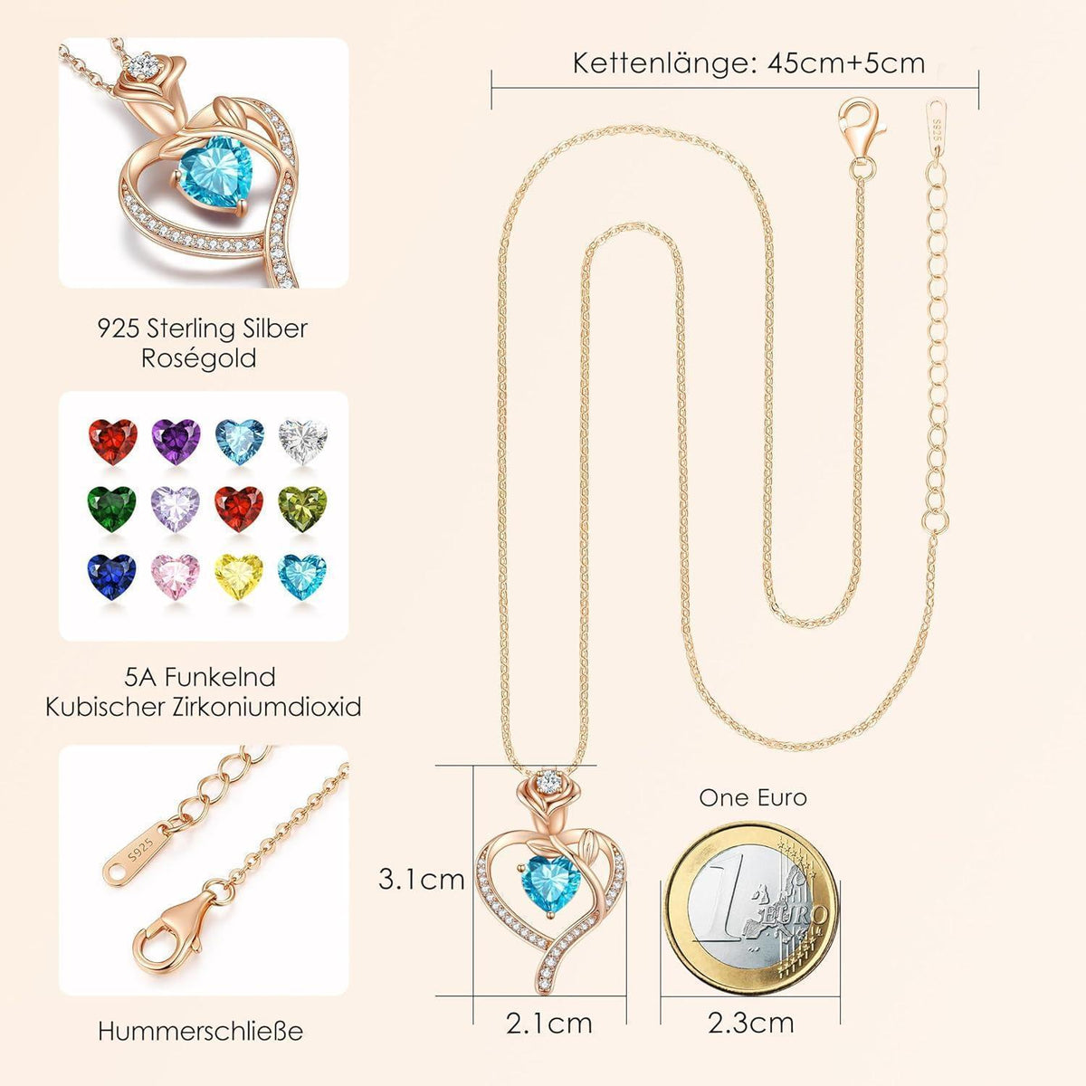 Herz Halskette Damen Rosegold mit Geburtsstein Sterling Silber 925