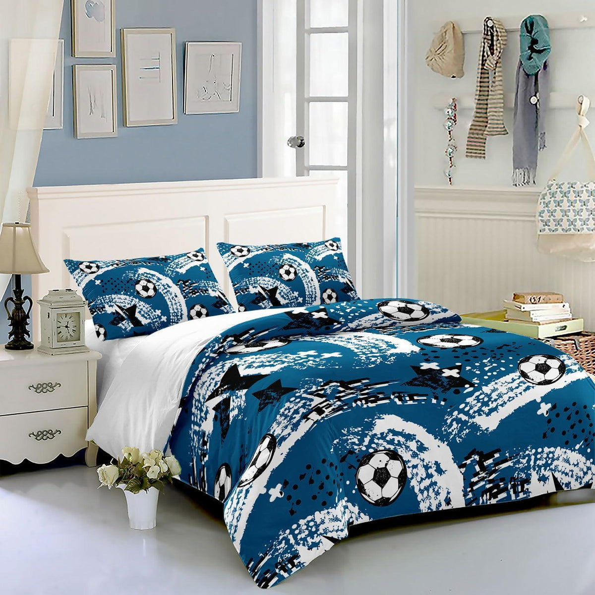 Fußball Bettwäsche Set für Kinder – Blauer Graffiti-Druck 200x200cm