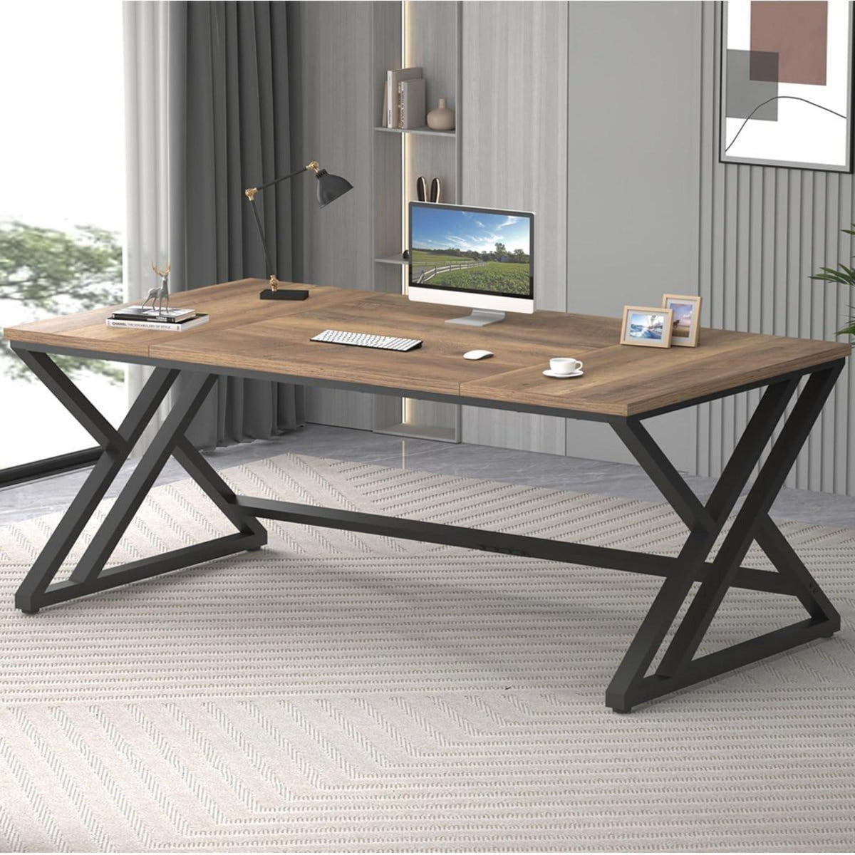 Rustikaler großer Industrie Computertisch Holz PC Arbeitszimmer Büro