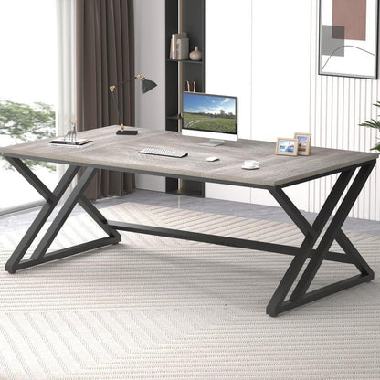 Großer Schreibtisch 180x80cm Grau Eiche mit Metallgestell