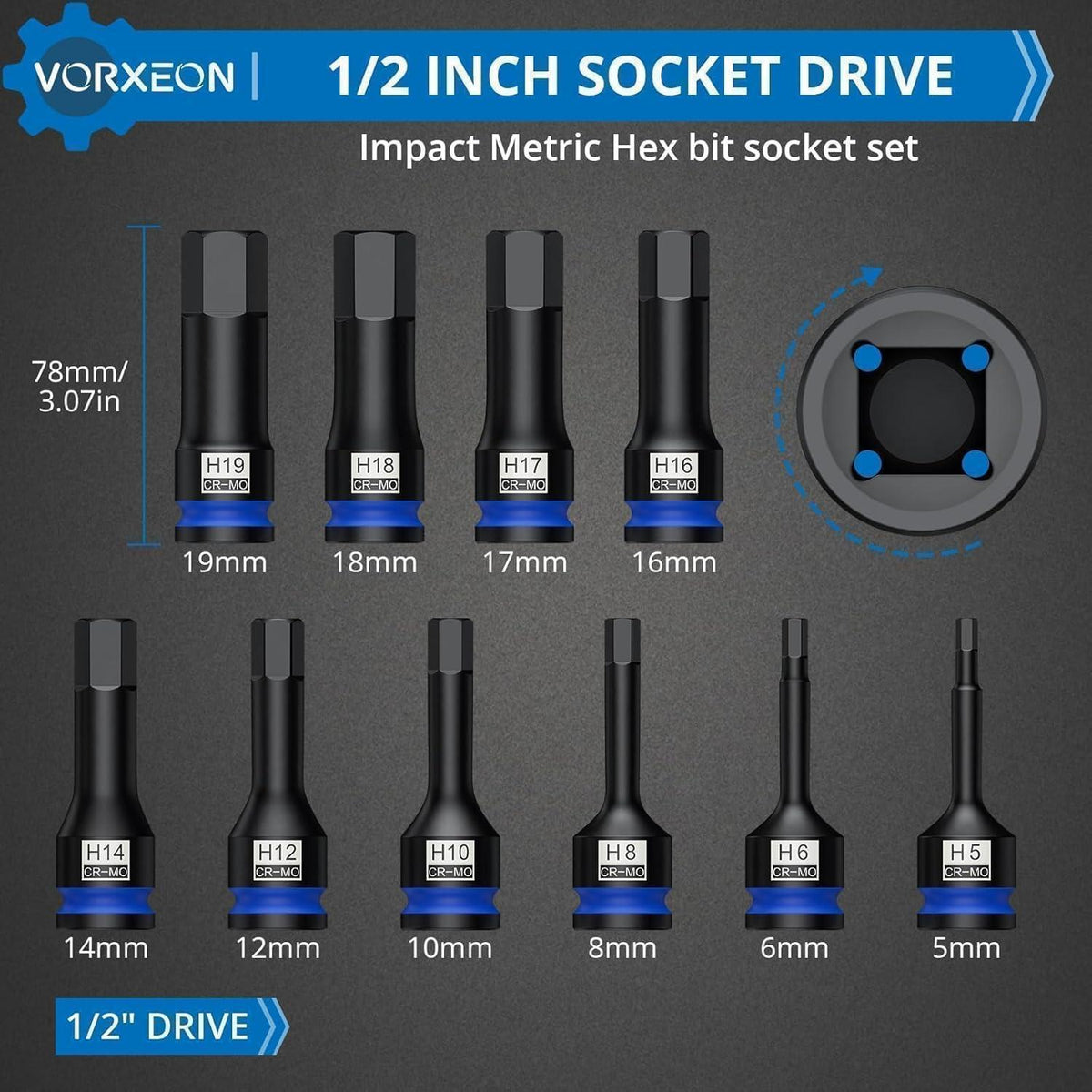 10-teiliges Schlagschrauber-Stecknuss-Set 1/2" Antrieb Innensechskant 5-19mm mit Koffer
