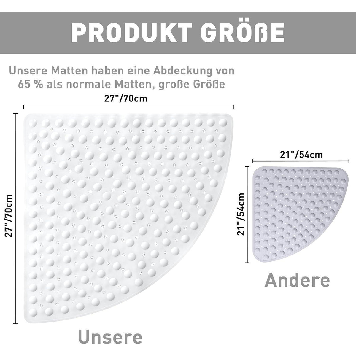 Rutschfeste Eckduschmatte 70x70 cm mit Saugnäpfen & Abfluss