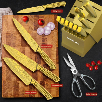 17-tlg. Messer Set mit Block | Edelstahl Titanbeschichtet | Geschenkbox