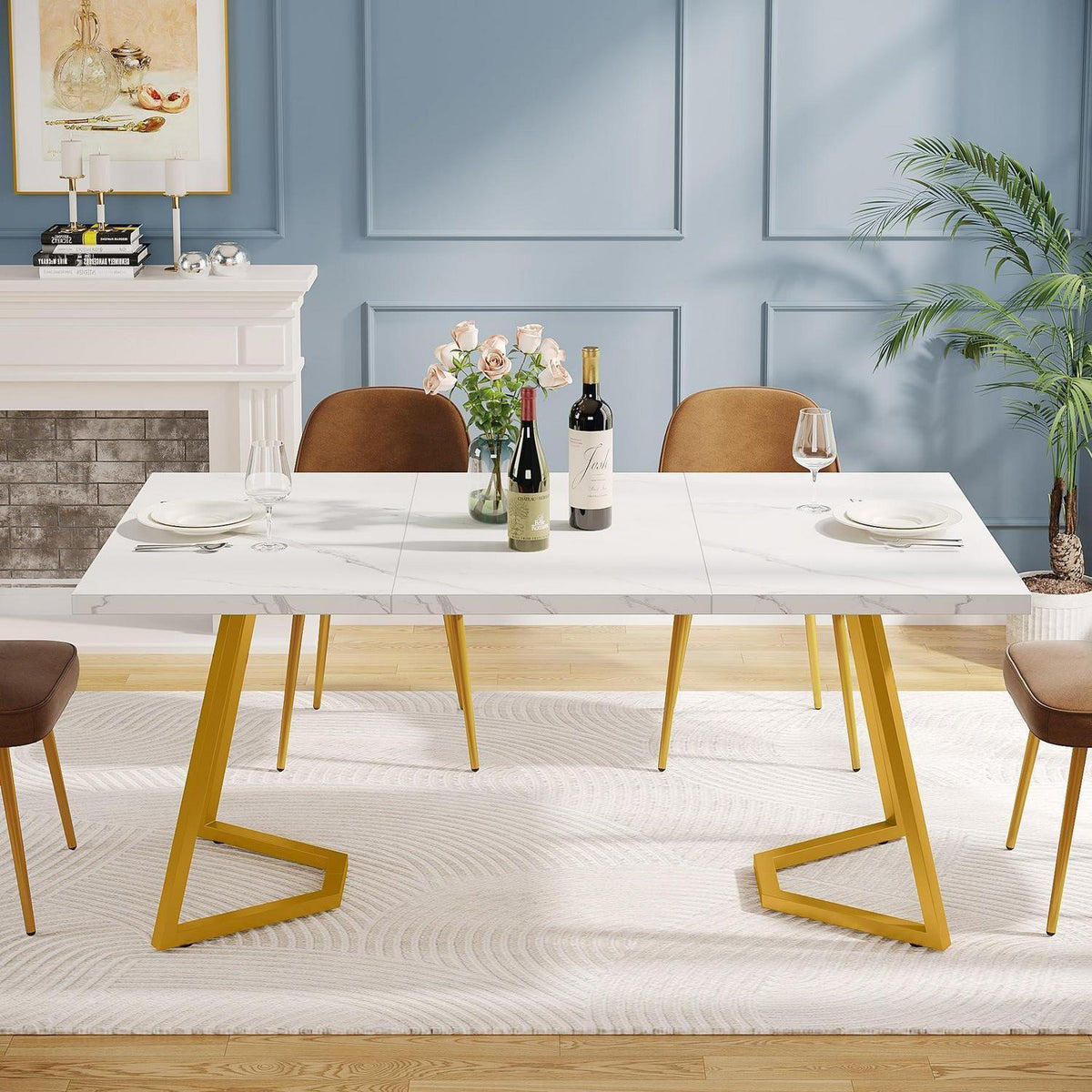Moderner Esszimmertisch Weiß & Gold, 140cm, Künstlicher Marmor