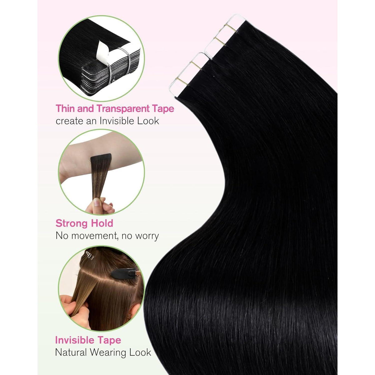 Echthaar Tape-in Extensions Schwarz - 45cm, 50g