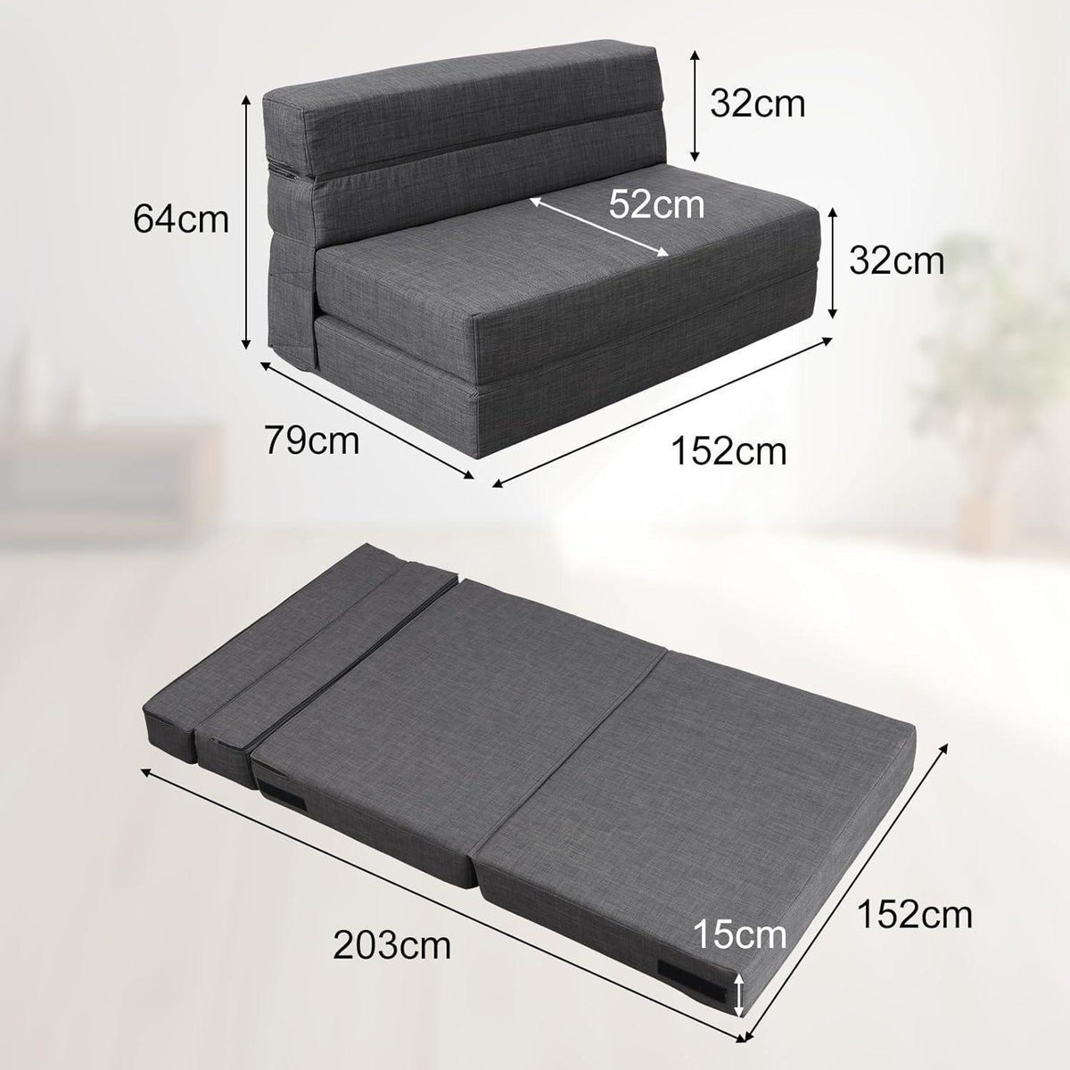 Doppel Schlafsofa mit Memory Schaum & Kissen – Dunkelgrau