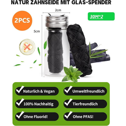 2x30m Natur Zahnseide Bambus-Aktivkohle Glasflakon Minze