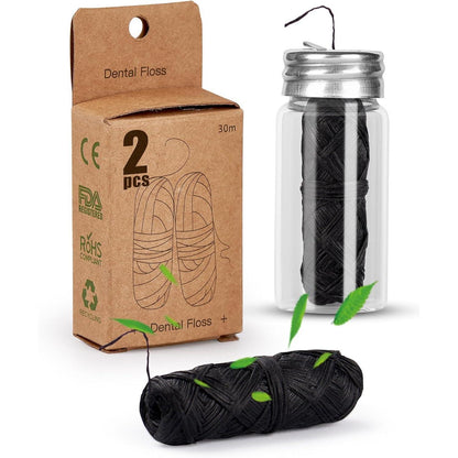 2x30m Natur Zahnseide Bambus-Aktivkohle Glasflakon Minze