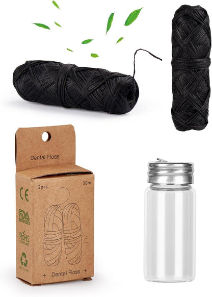 2x30m Natur Zahnseide Bambus-Aktivkohle Glasflakon Vegan Minze Öko