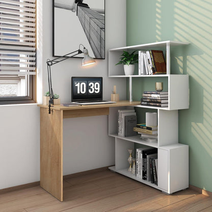 L-Schreibtisch mit drehbarem Bücherregal, Eiche & Weiß