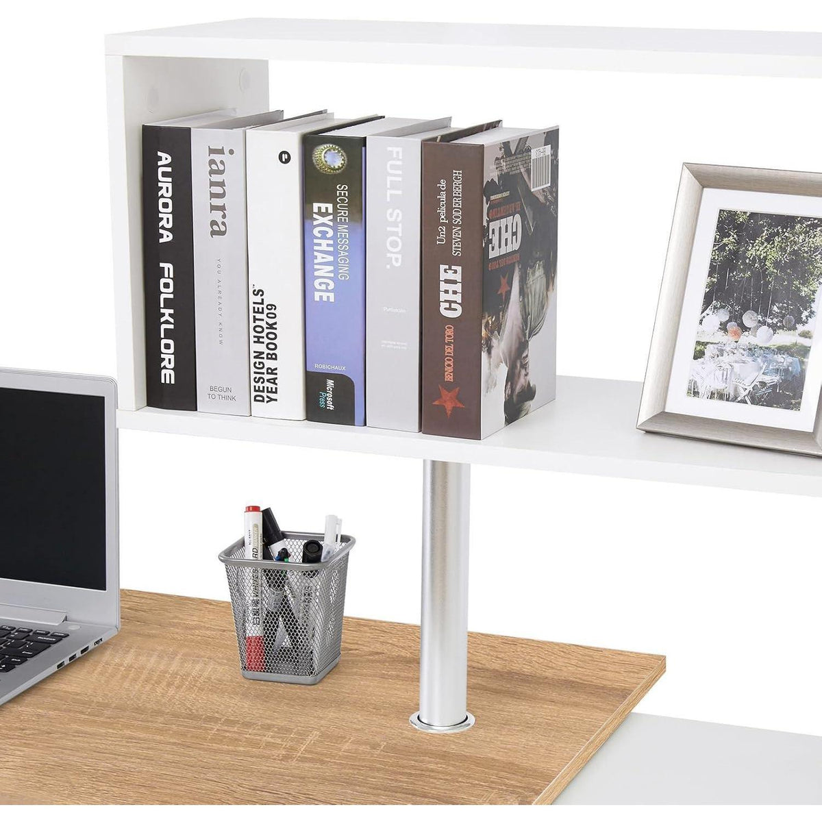 L-Schreibtisch mit drehbarem Bücherregal, Eiche & Weiß