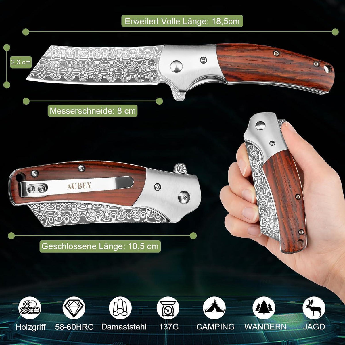 Damast Klappmesser – Outdoor Messer mit Holzgriff & Gürtelclip