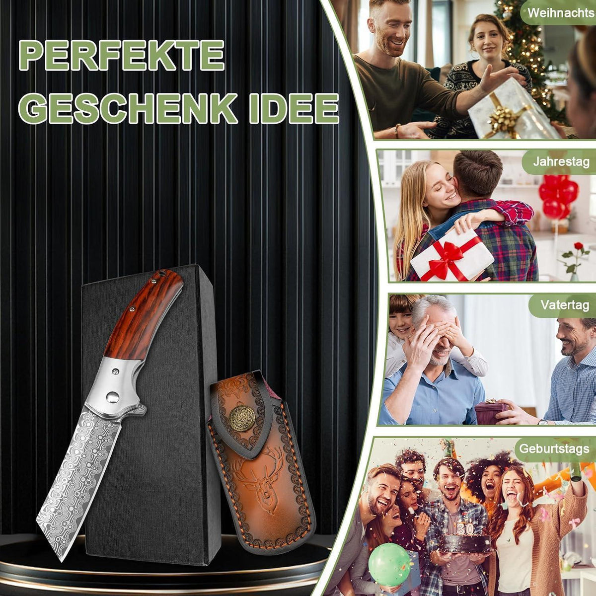 Damast Klappmesser – Outdoor Messer mit Holzgriff & Gürtelclip