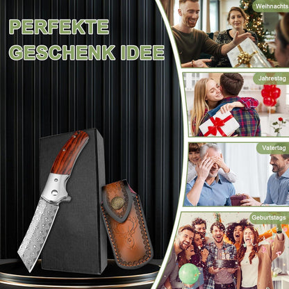 Damast Klappmesser – Outdoor Messer mit Holzgriff & Gürtelclip