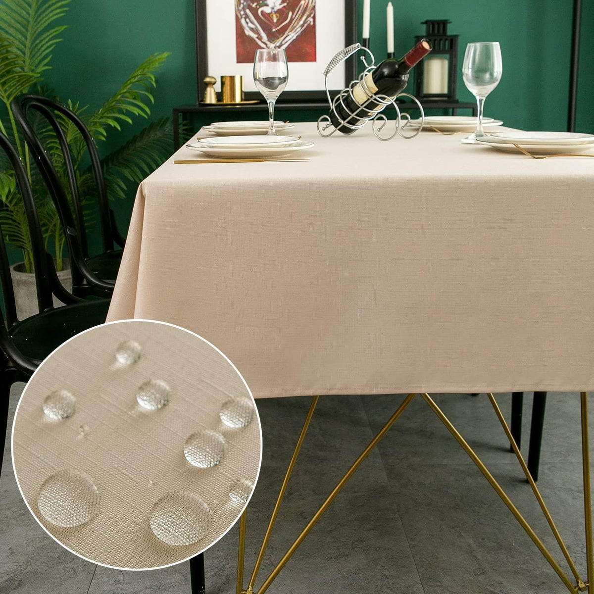 Rechteckige Tischdecke wasserdicht, Beige 140x280 cm – Polyester-Leinen-Optik