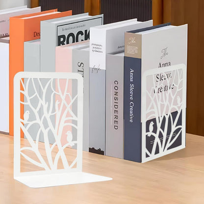 Qualsen Buchstütze Metall 2er Set Weiß Baum Vogel Design