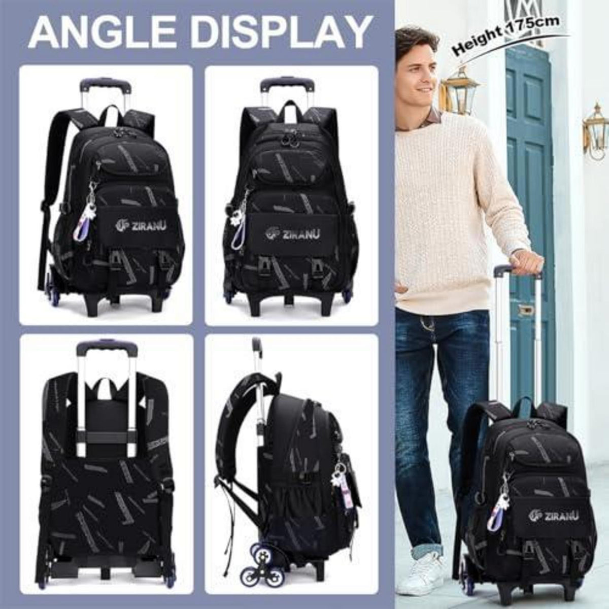 Rucksack mit Rollen für Jungen – Schulrucksack Trolley 32x20x46cm Schwarz