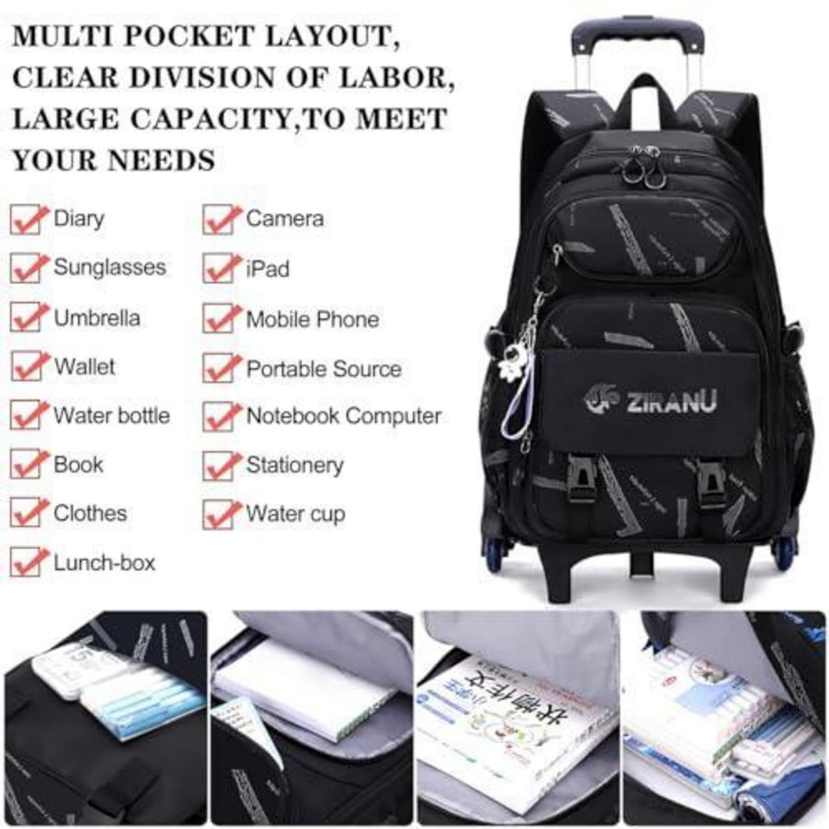 Rucksack mit Rollen für Jungen – Schulrucksack Trolley 32x20x46cm Schwarz
