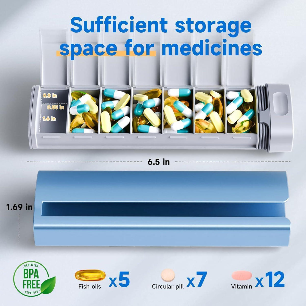 7-Tage Pillendose aus Aluminium, geräumig und robust, blau