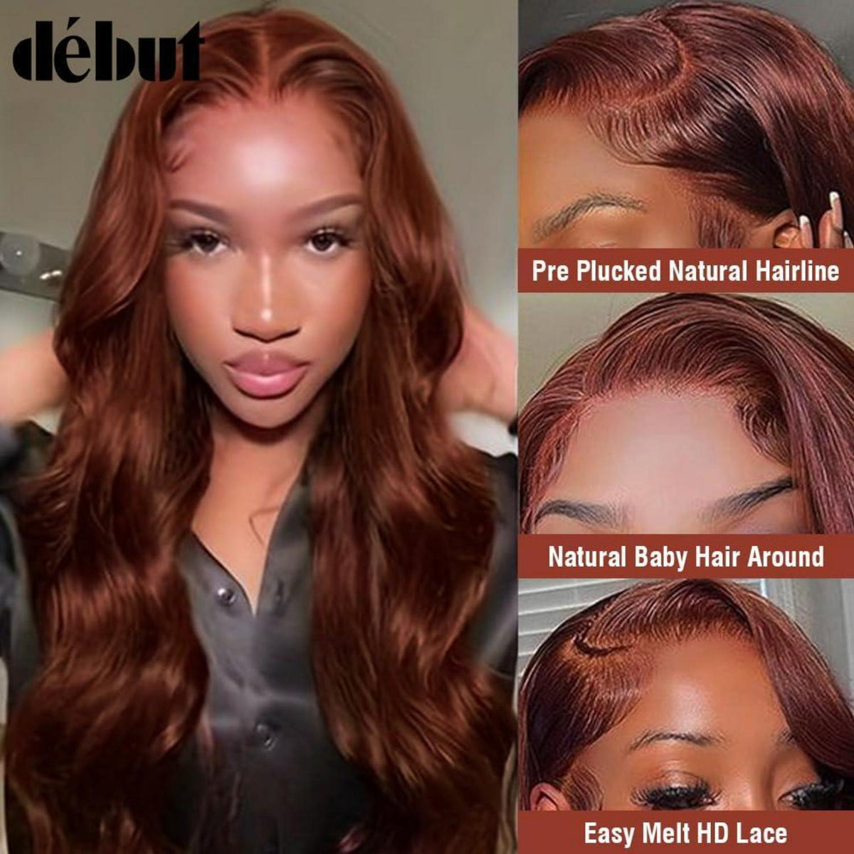 Rötlichbraune Body Wave Lace Front Perücke Echthaar mit Babyhaar