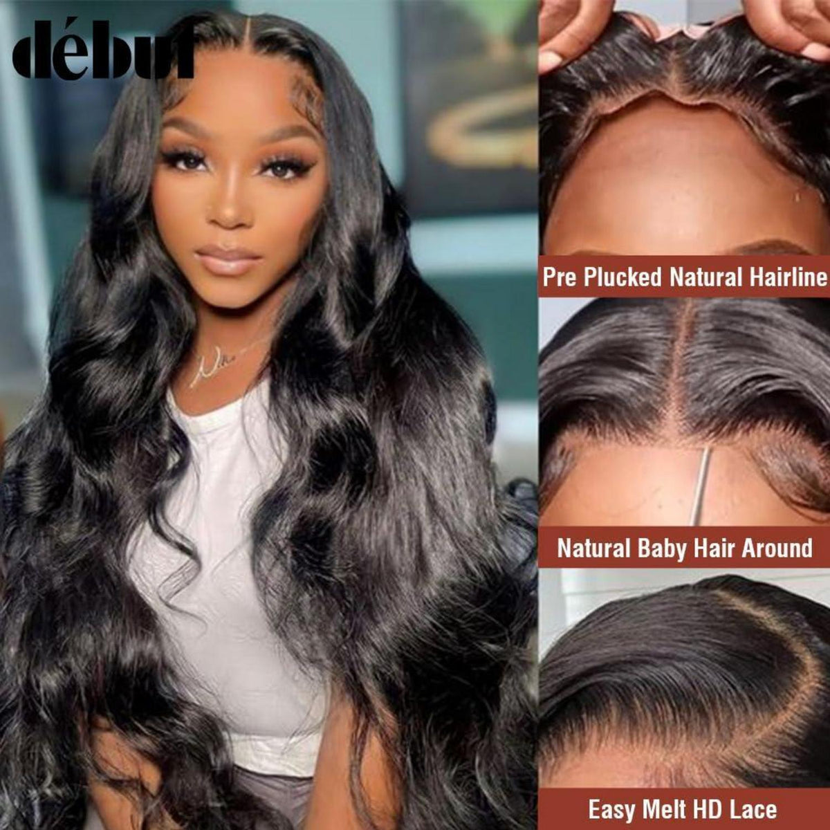 Echthaar Perücke Body Wave mit Spitze Front 55cm Schwarz